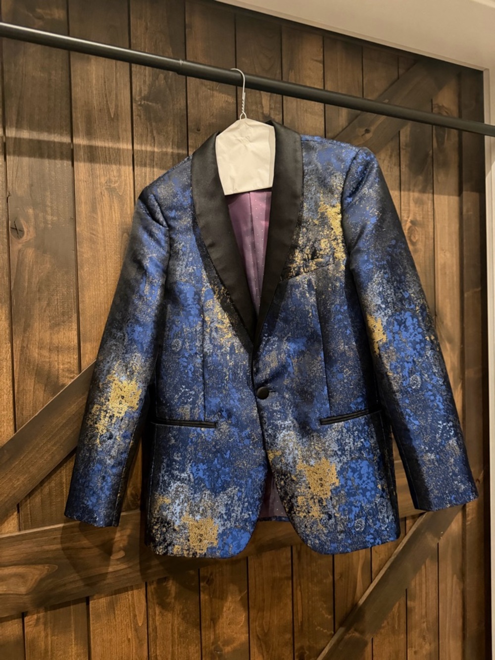Blue and Gold Metallic Teen boy Blazer with Black Satin Lapel. EUC